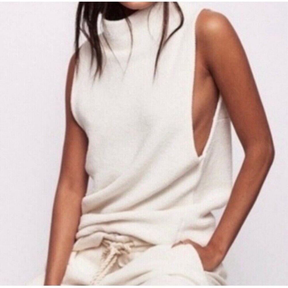 Free People XS Isla Ottoman Sweater Slouchy‎ Sleeveless Ivory Tunic Turtleneck
